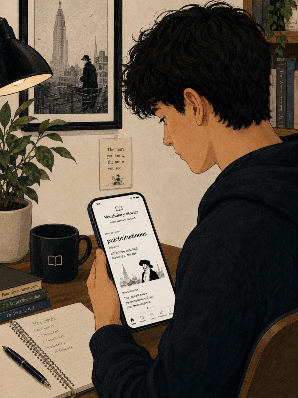 Teen reading a Vocabulary Stories word card on a phone